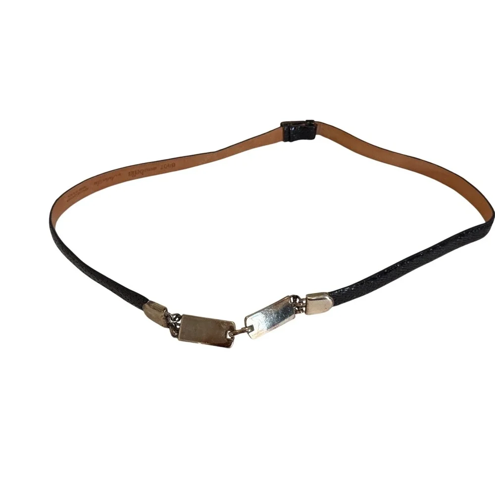 Annabella by Andrea Rose Black Leather Lizard Embossed Skinny Belt Silver 8407